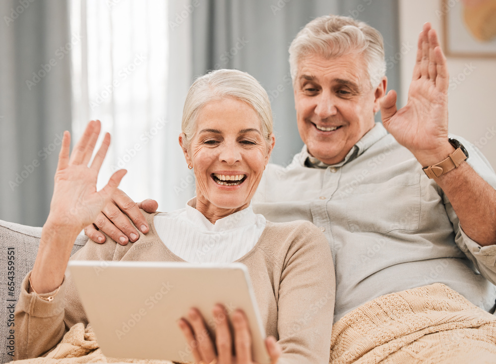 Home, video call and old couple with a tablet, wave and hello with connection, social media or retirement. Technology, elderly man or senior woman on a couch, network or online chatting with greeting