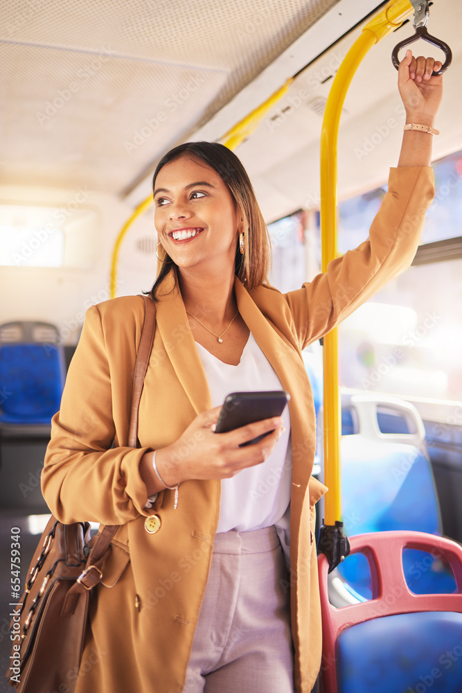 Business, woman and thinking with smartphone in bus for communication, technology and social media with happiness. Phone, person or smile for internet, networking and conversation on public transport