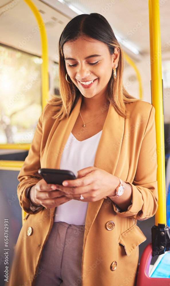 Business, woman and phone in bus for communication, technology and social media scroll with happiness. Smartphone, person and smile for internet post, networking and conversation on public transport