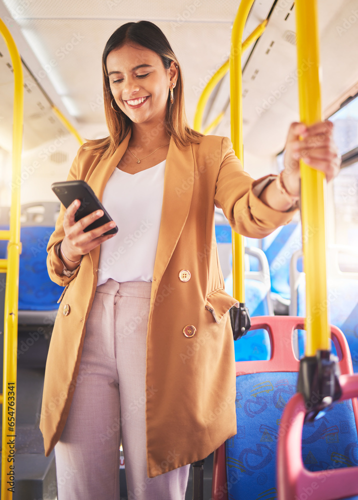 Professional, woman and phone in bus for communication, technology and social media scroll with happiness. Smartphone, person and smile for internet, networking and conversation on public transport