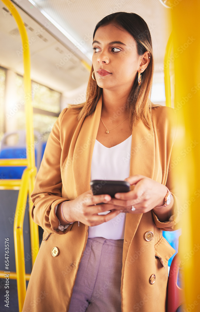 Business, woman and thinking with phone in bus for communication, technology and career opportunity. Smartphone, person and ideas for internet post, networking and conversation on public transport