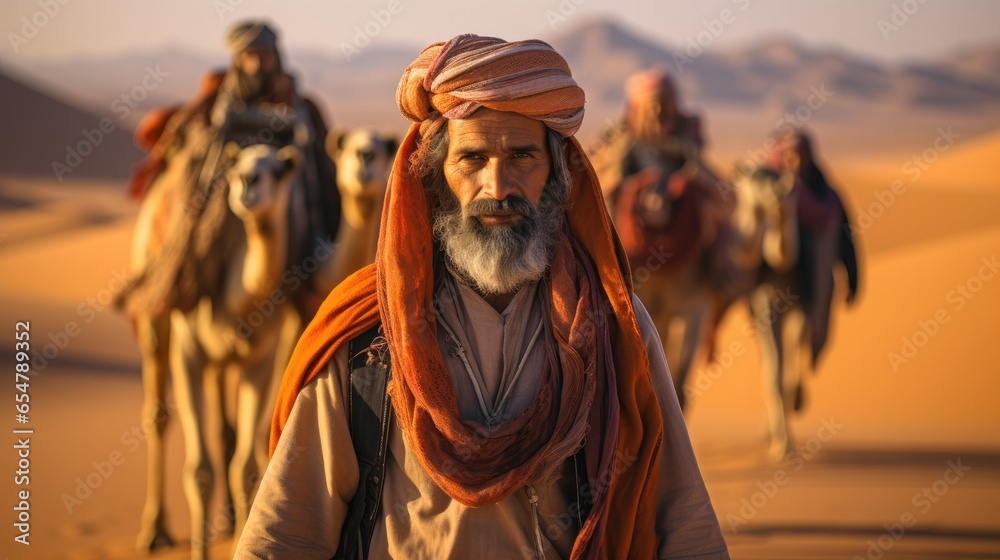 Man wearing traditional clothes leading camel caravan walk through desert.
