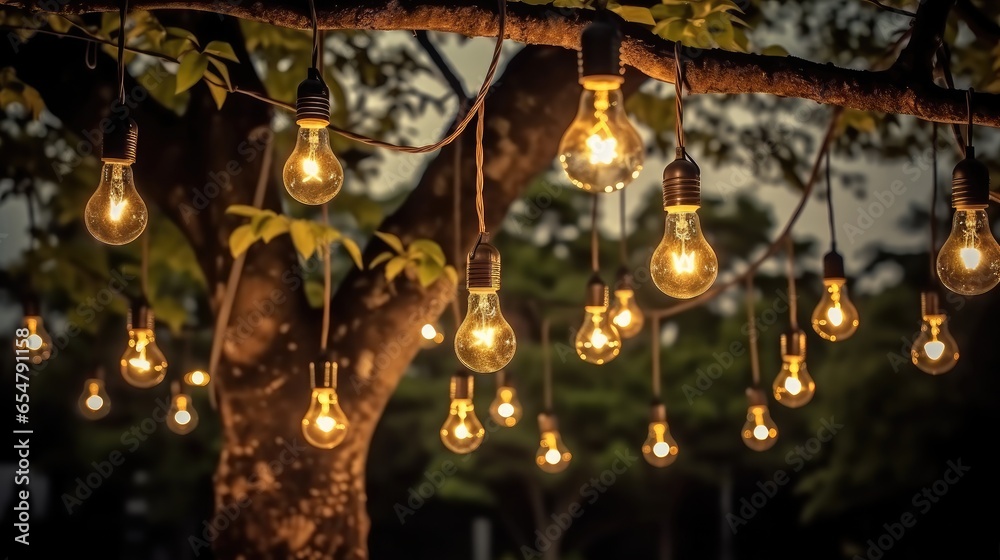 Fairy lights hanging from trees, Garden Party, Wedding.