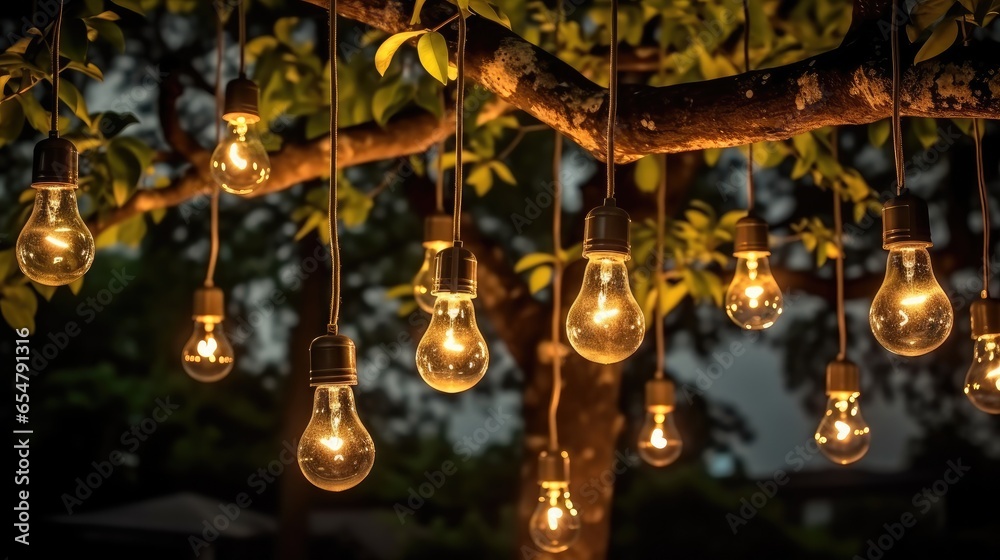 Close-up of fairy lights hanging between trees, Decoration Service, Garden Party, Summer Festival
