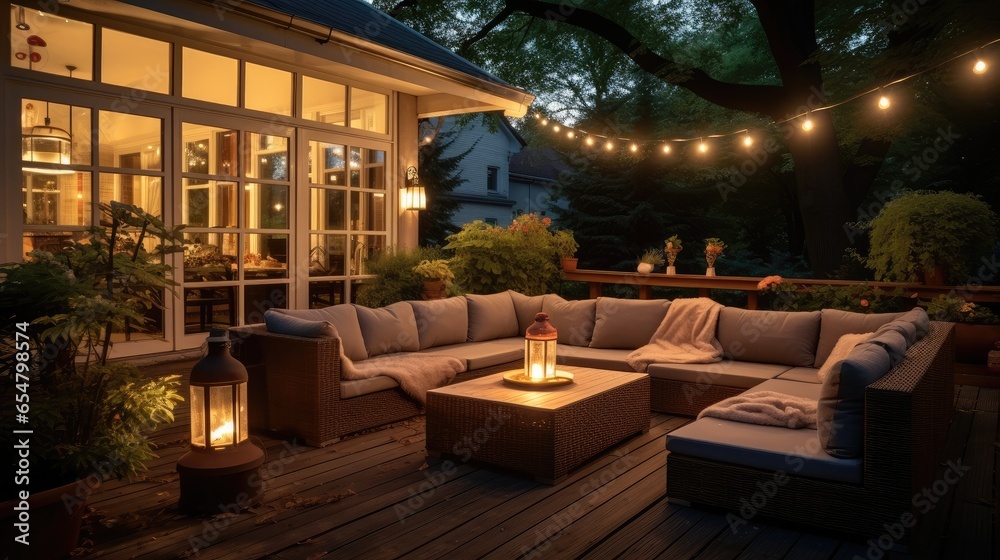 Beautiful modern house with wicker furniture at evening, Lights and lanterns in the garden.