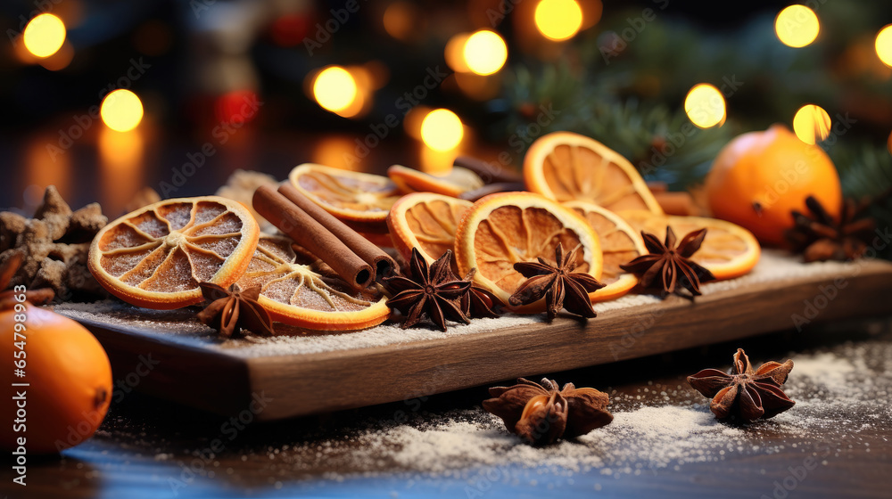 Christmas Spices Decoration, Traditional Christmas spices and dried orange slices on background.