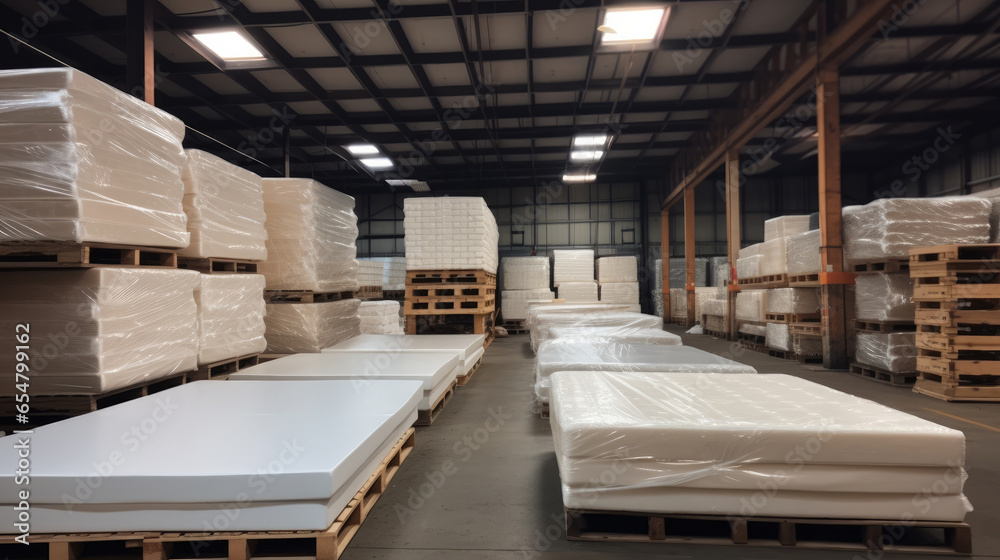 White mattresses and materials in warehouse, Waiting for transportation.