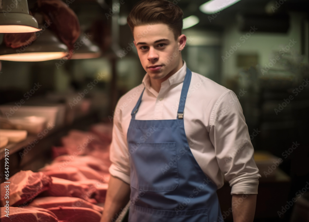 Butcher working behind counter in butchery.