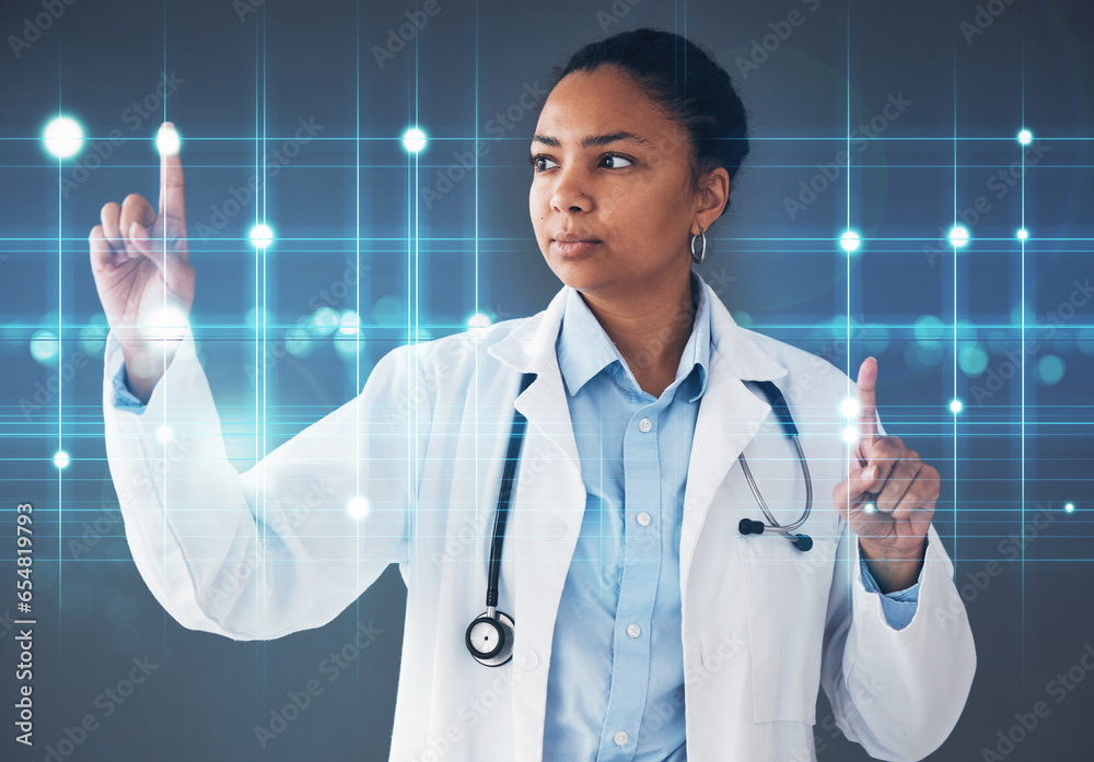 Finger, doctor and woman with hologram screen for user interface, biometrics and telehealth. Futuristic overlay, healthcare and worker with hands for digital scan, internet and medical research