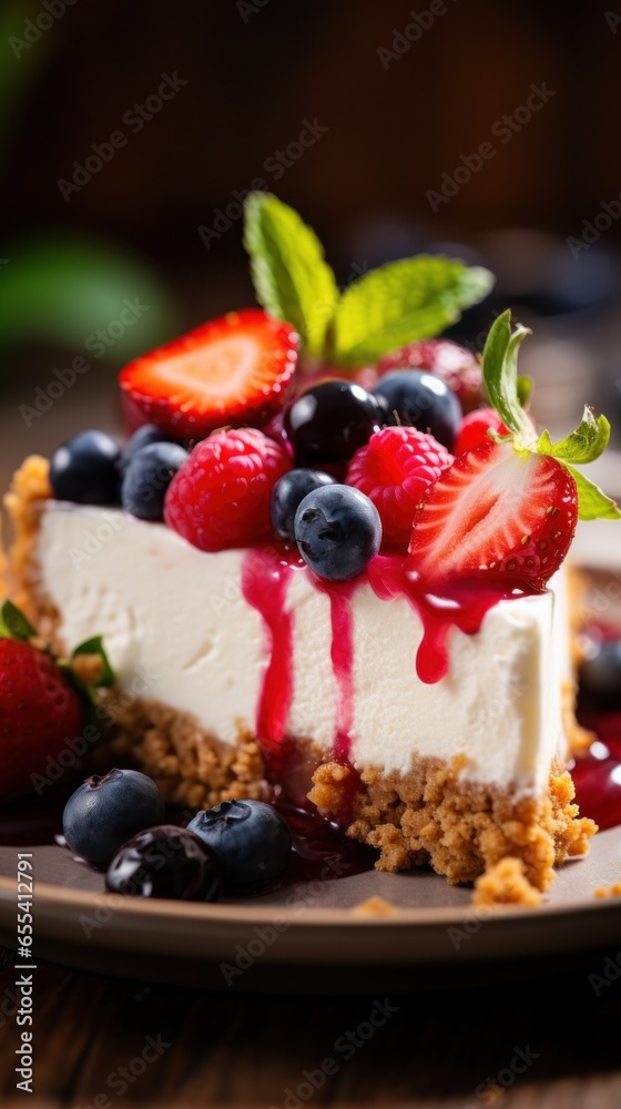 Rich and creamy cheesecake with graham cracker crust and fruit topping
