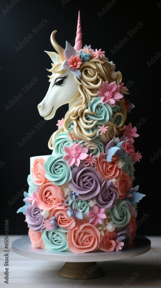 Whimsical unicorn cake with rainbow layers