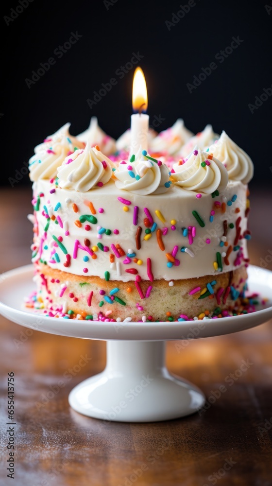 Colorful funfetti cake topped with vanilla buttercream and sprinkles