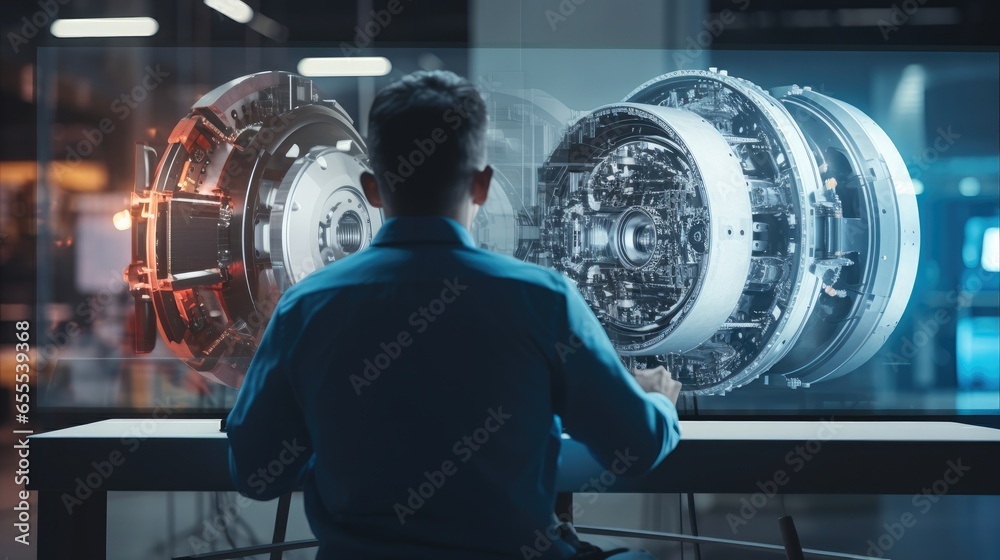 Engineer working on CAD software with holographic projection 3D model in engine high tech futuristic factory, Professionals Researching and Developing Engine Technology.