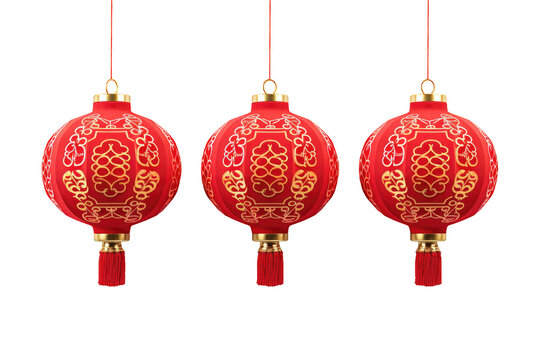 Three Red Chinese Lunar New Year Prosperity Paper Lantern transparent on a cutout PNG transparent background