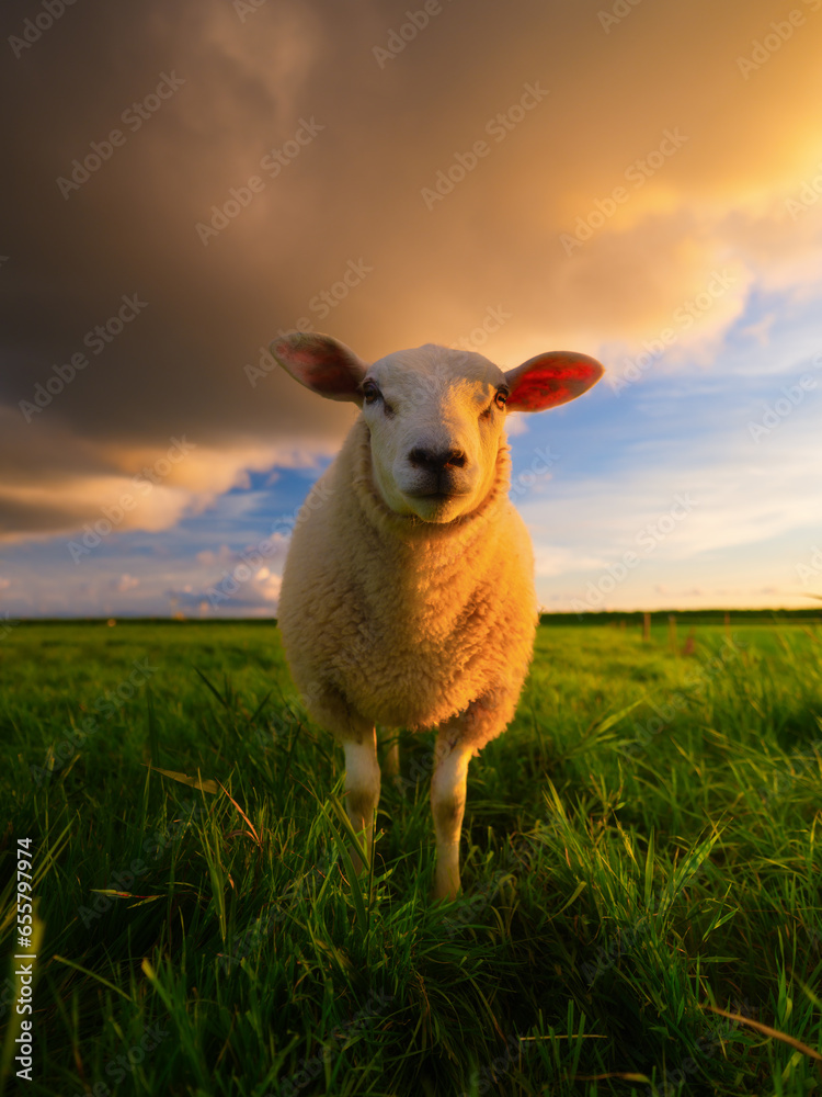 Sheep in a meadow during a bright sunset. Agriculture. Animals on the farm. Food production. A huge cloud in the sky after a storm. Natural landscape. Wallpaper and background.
