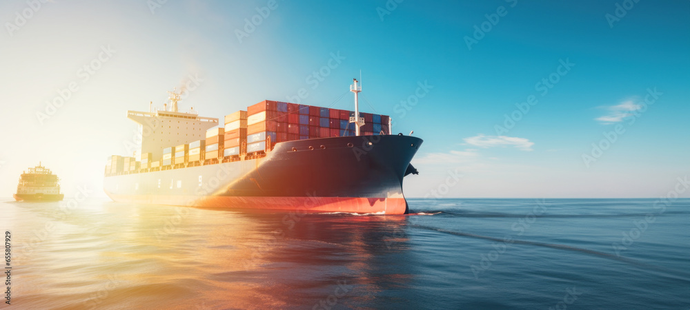 Container ship, cargo shipping business, cargo freighter Logistics import export goods of freight global, freight ship boat, Process of handling, Luggage loading container ship in the open sea