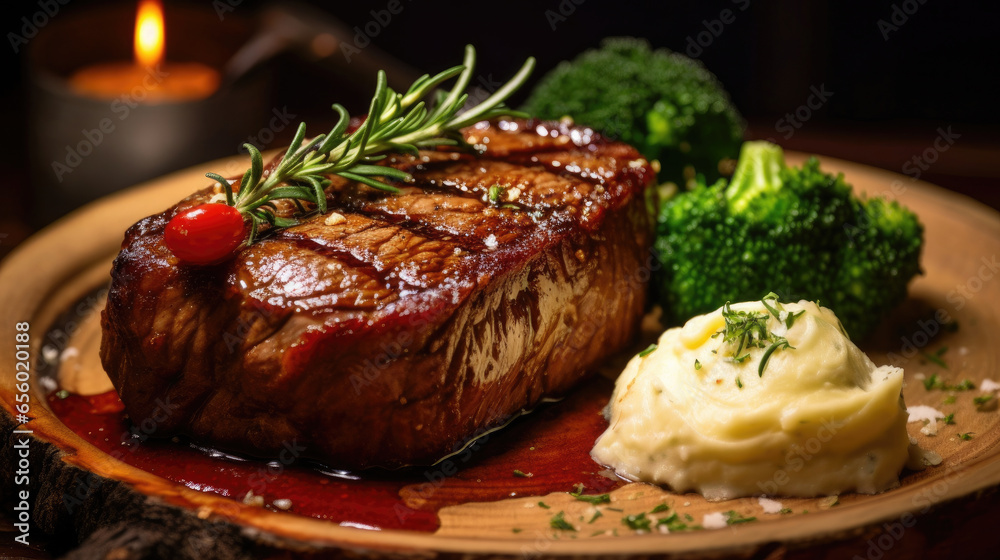 Beef steak with mashed potatoes on wooden table in the restaurant. Generative Ai