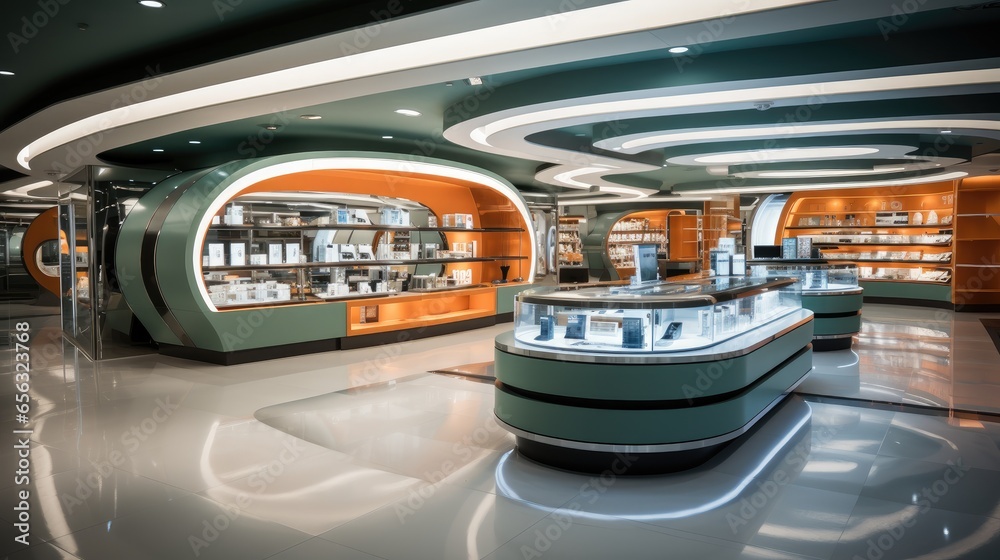 A high-tech modern interior, Products showroom interior with products on shelves.