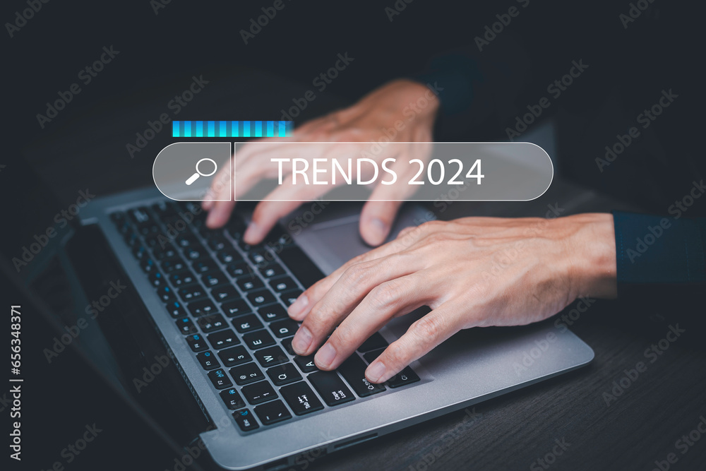 2024 trends search bar with business and Technology target set goals and achievement in 2024 new year resolution statistics graph rising revenue, planning start-up strategy, business trends planning