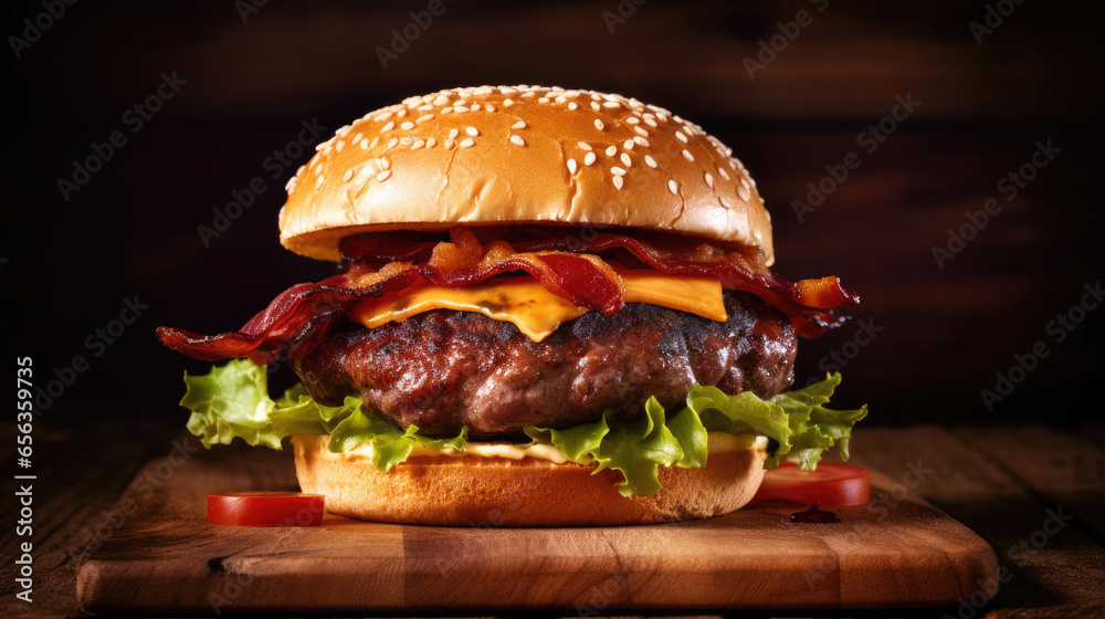 Bacon burger with beef patty on red wooden table. Generative Ai