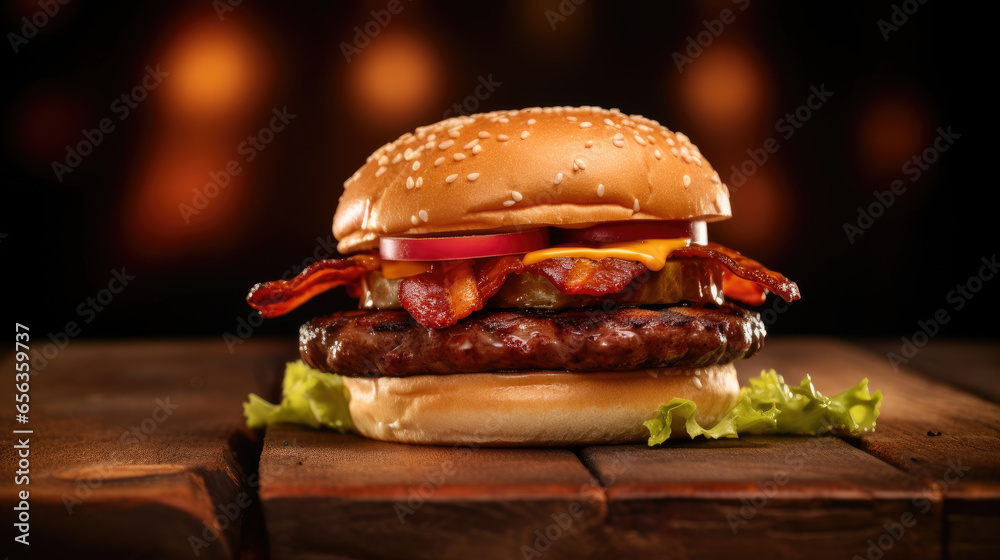 Bacon burger with beef patty on red wooden table. Generative Ai