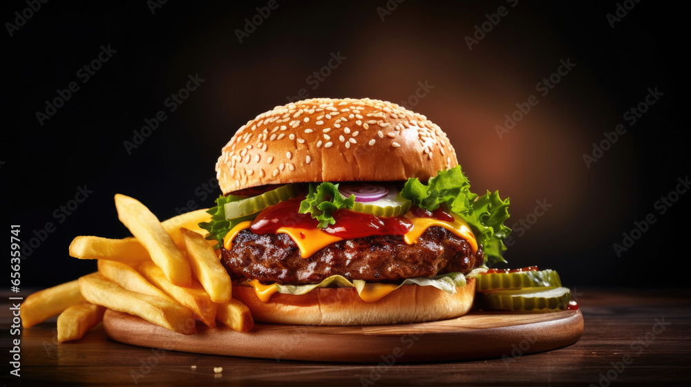 beef burger with french fries on dark background. Generative Ai