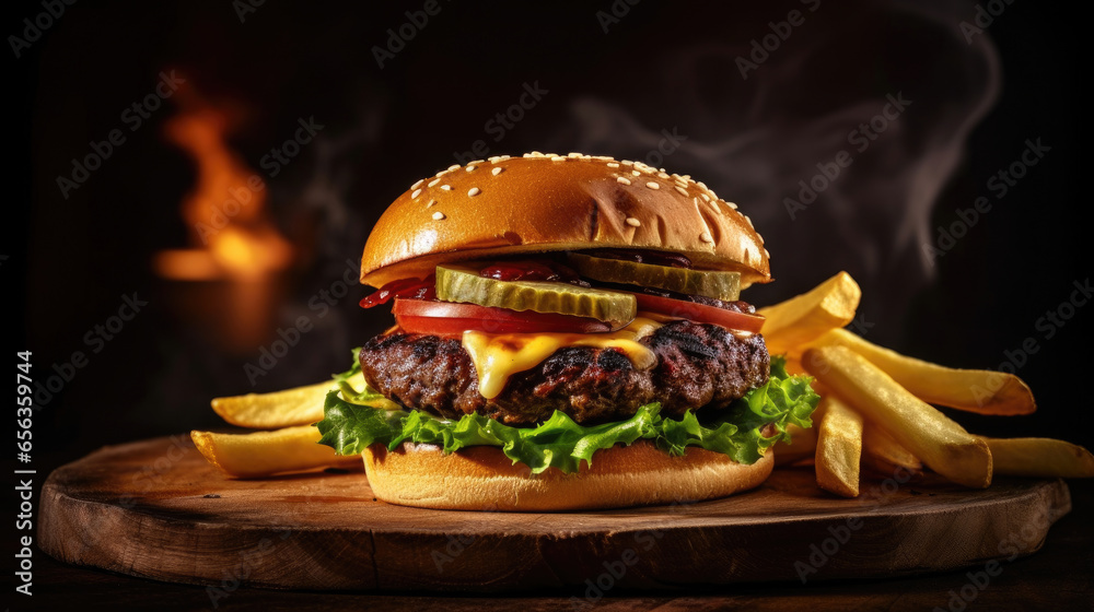beef burger with french fries on dark background. Generative Ai