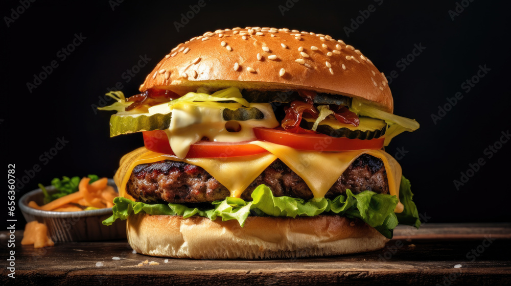 Burger or hamburger with grilled beef, cheese and well decorative with fresh ingredients in restaurant. Generative Ai