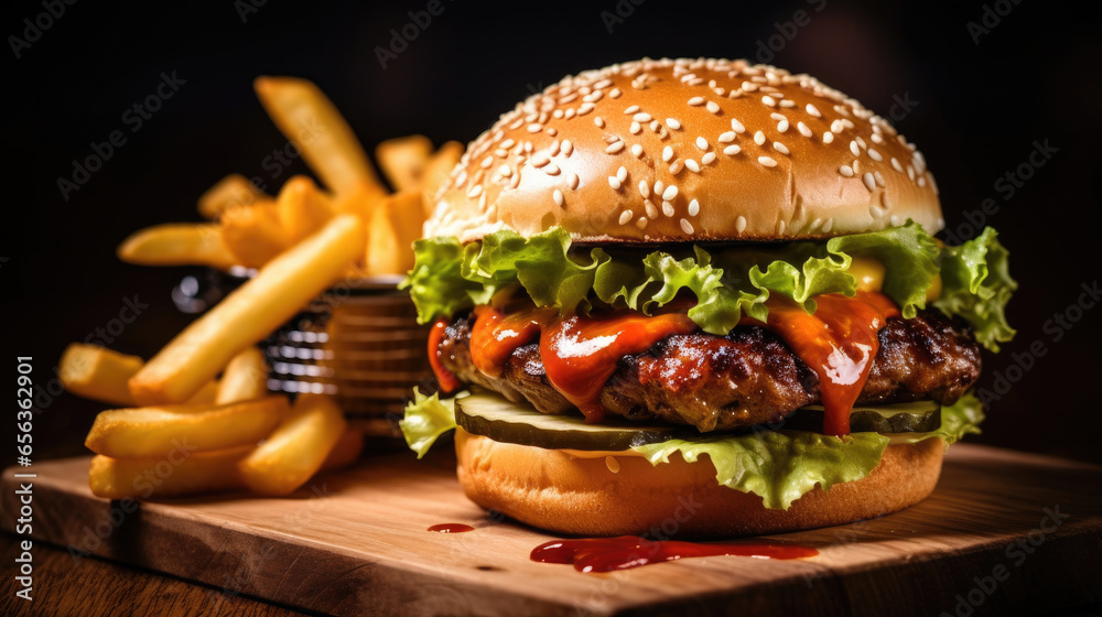 juicy burger with french fries on wooden table. Generative Ai