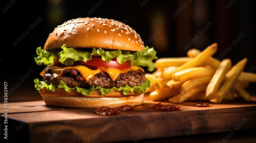 juicy burger with french fries on wooden table. Generative Ai