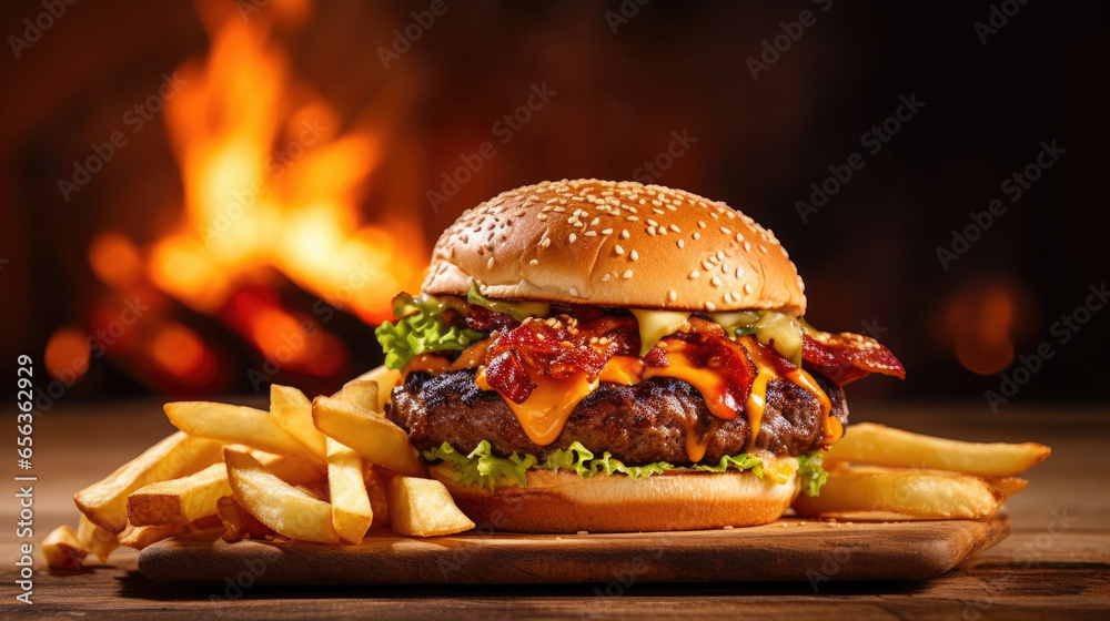 Tasty burger with french fries and fire on wooden table. Generative Ai
