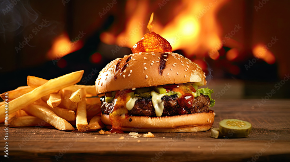 Tasty burger with french fries and fire on wooden table. Generative Ai