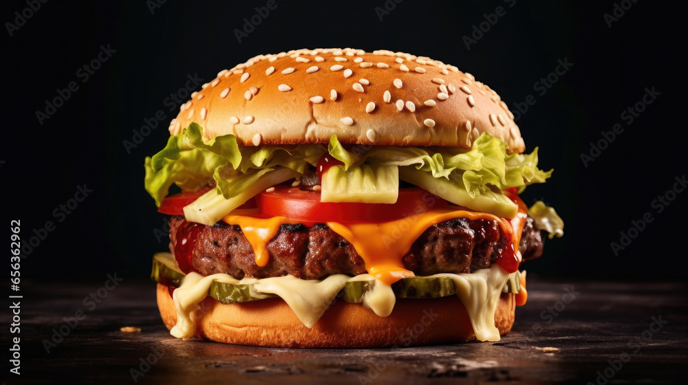 Traditional handmade burger with meat, cheese, lettuce, dressing and bread on dark background. Generative Ai