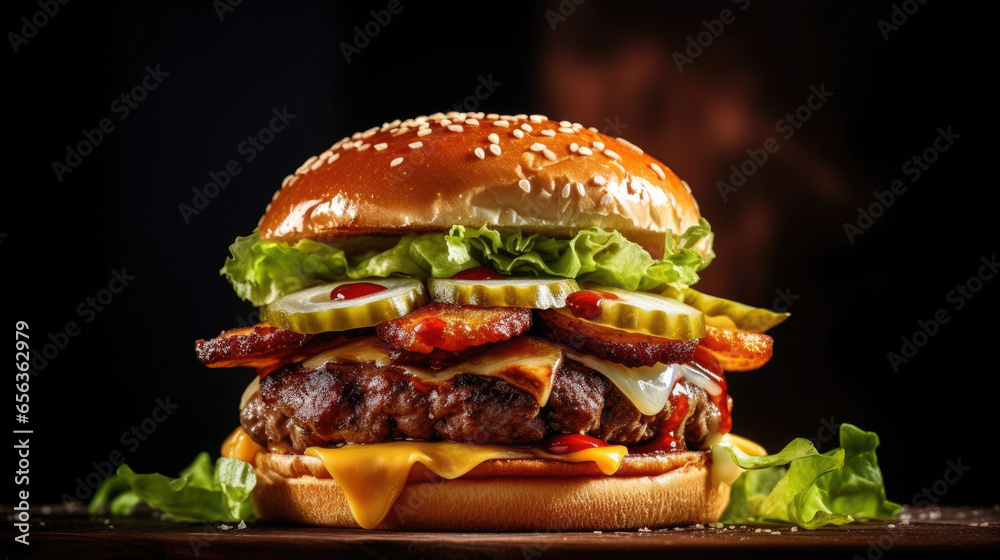 Traditional handmade burger with meat, cheese, lettuce, dressing and bread on dark background. Generative Ai