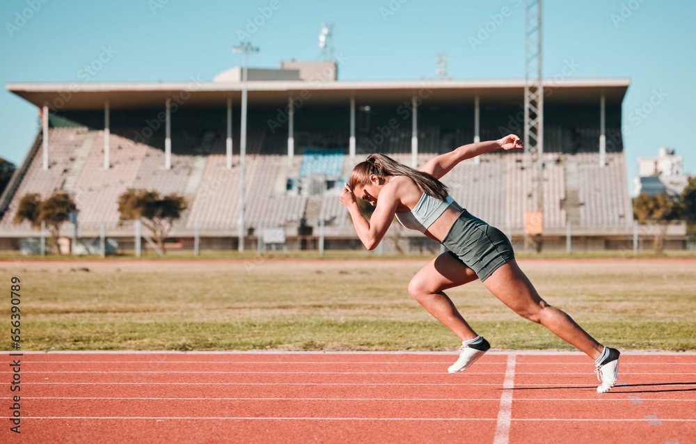 Sports, race and woman athlete running sprint in competition for fitness game or training as energy wellness on a track. Fast, stadium and athletic person or runner exercise, speed and workout