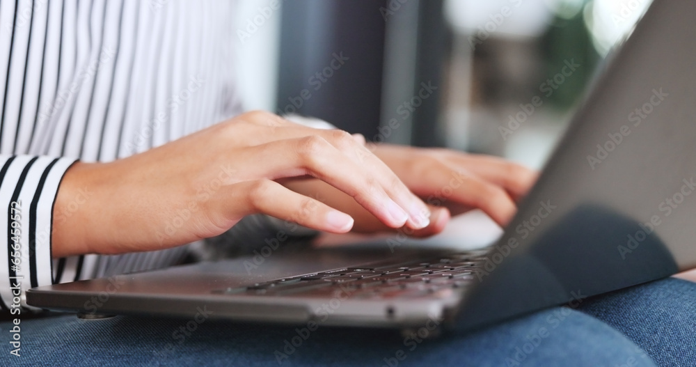Person, hands and typing on laptop in office, report and proposal or email, research and review on agenda. Business employee, project and analysis of information on technology, digital or pc closeup
