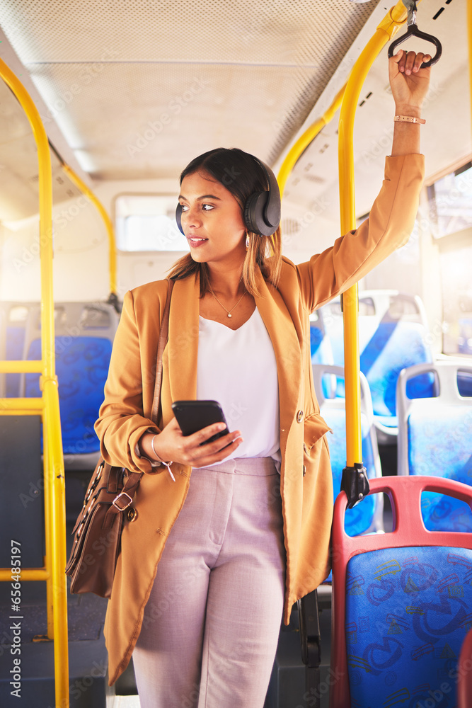 Woman, bus and traveling with headphones and phone, listening to song, music and audio in public transport. Business person, commute and journey to work, streaming radio and podcast on smartphone