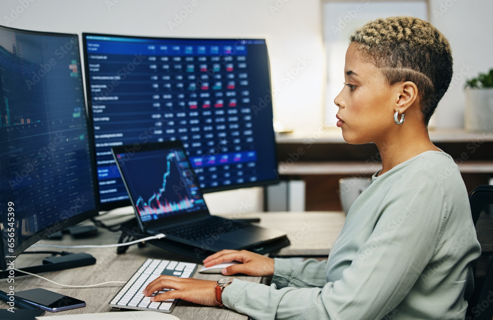 Woman, typing on computer and trading in cryptocurrency, investment info or cyber stocks data. Nft, financial management and developer on software for online profit growth, market research or charts.