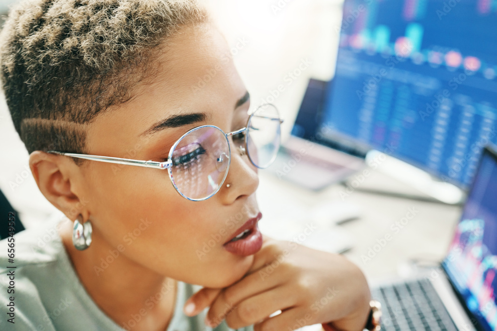 Woman with glasses, thinking and reflection of screen with info, market growth and stocks in crypto trade. Nft, cyber consultant or broker reading stats on defi data, brainstorming and research ideas