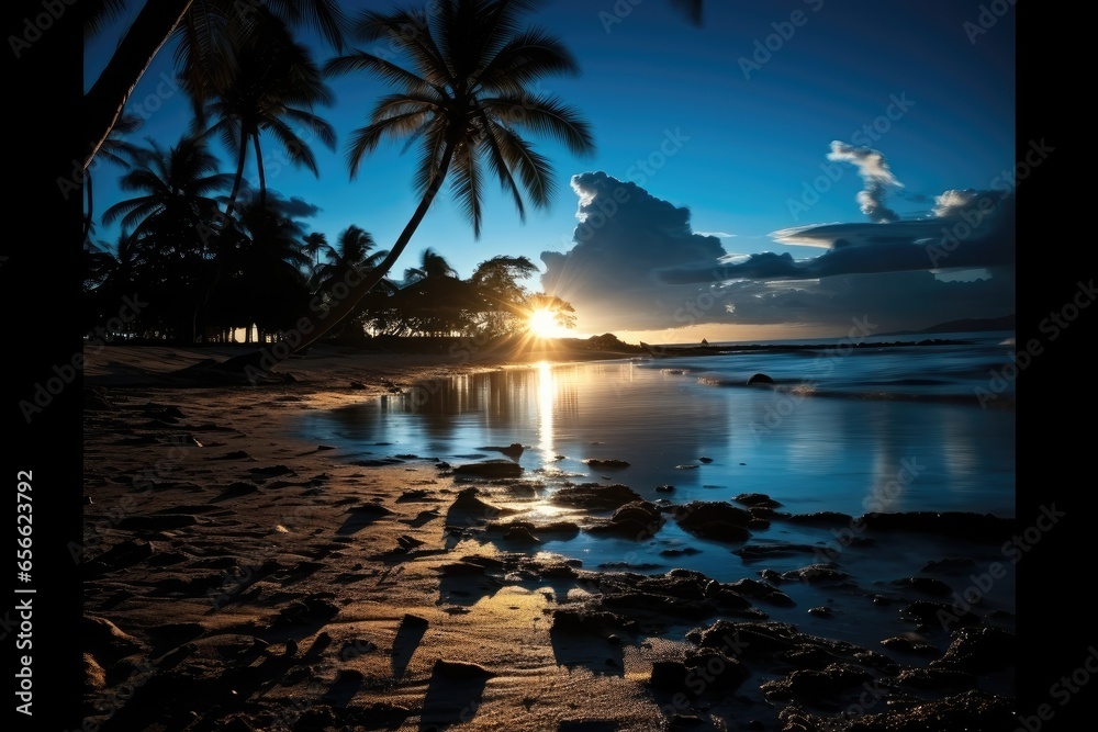 Palm tree on a white beach in sea at night.