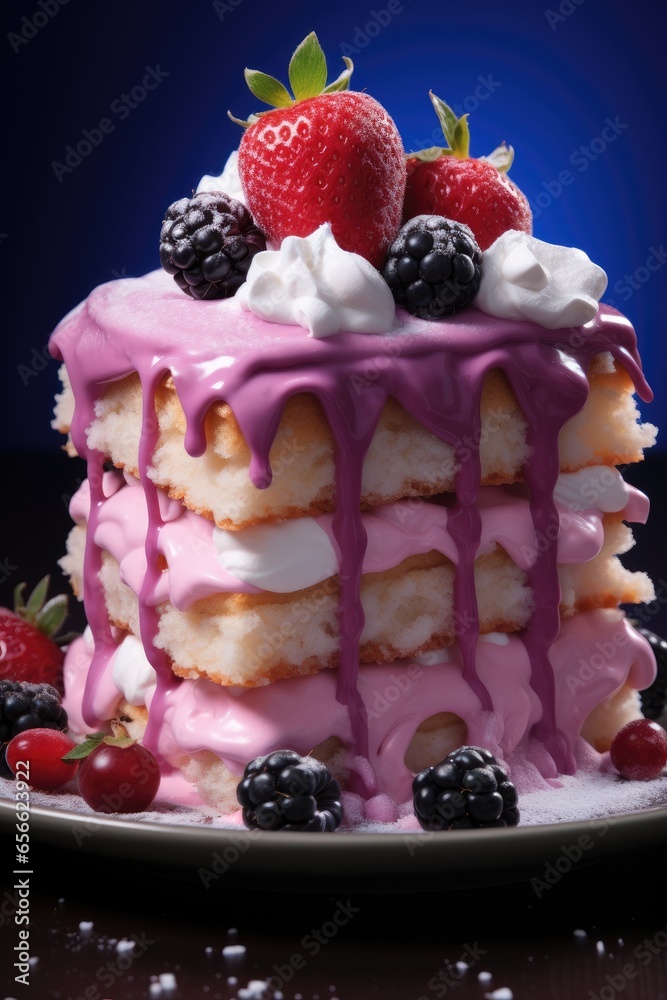 Pink and purple slice of strawberry cake.