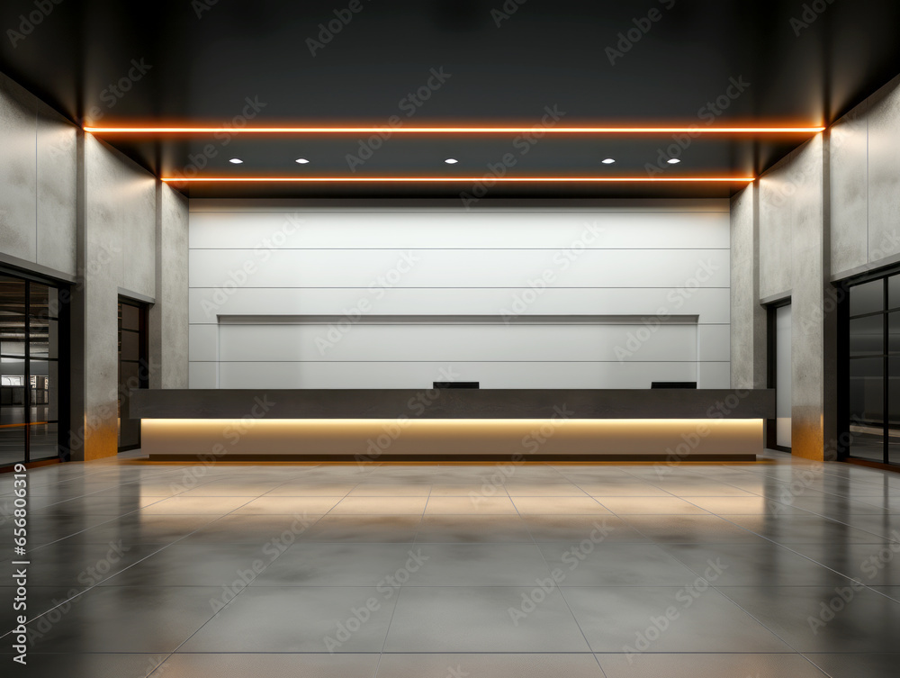 Interior of a modern office building with a reception desk in a dark room. Generative AI
