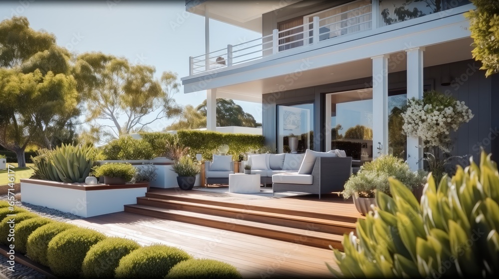 Outdoor balcony and verandah at modern bright home.