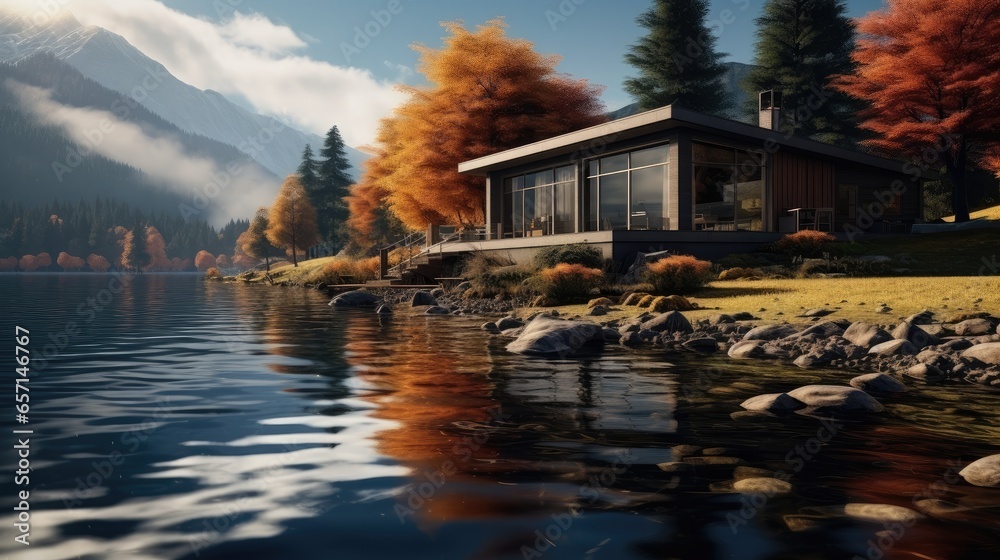 Beautiful cozy riverfront house and warm autumn ambience.