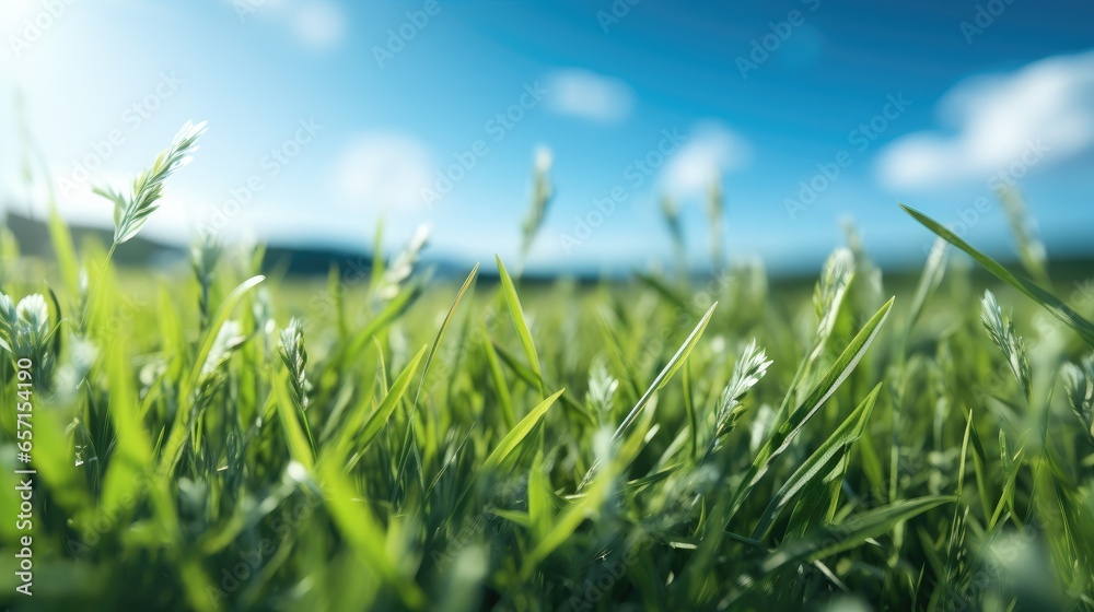 Close up of grass with blue skies in the back ground.