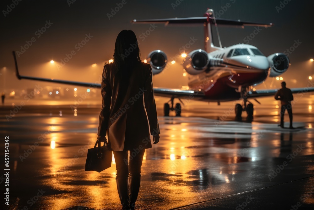 A lady are walk getting to a private jet at night.