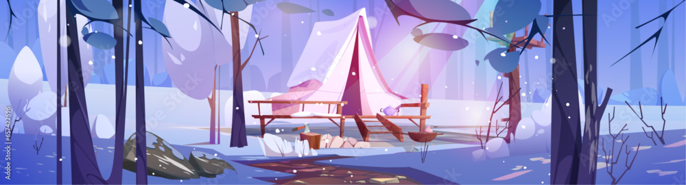 Winter camping in tent on wooden patio in forest. Cartoon vector landscape of woodland with shack or hut covered with snow. Cold season outdoor vacation and recreation in campsite among trees.