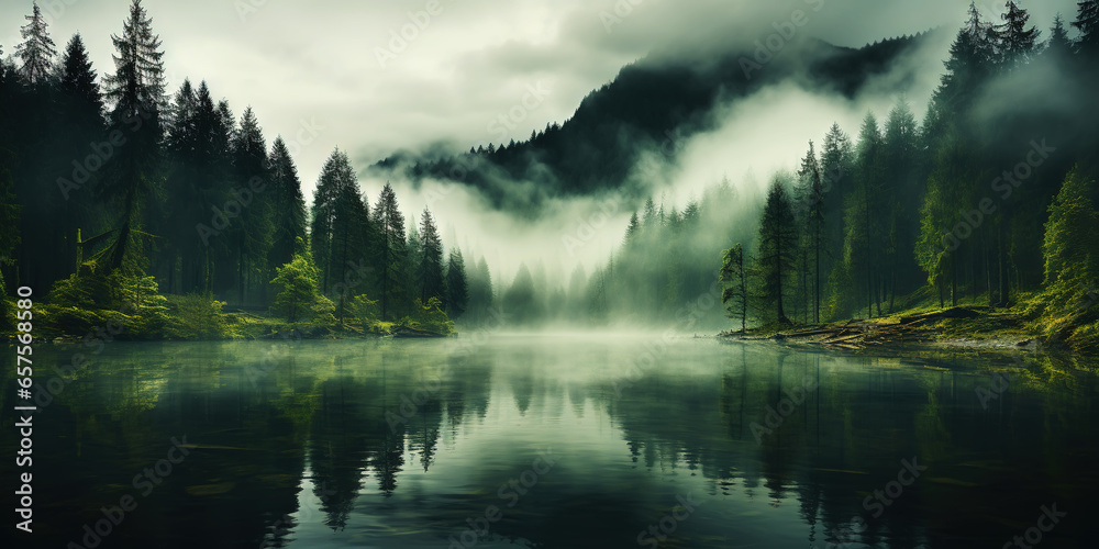 Misty mountain landscape with fir forest and river in vintage retro style. Generative AI