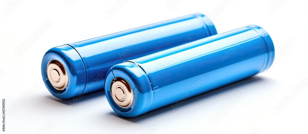 Blue batteries isolated on white background provide energy and motivation for success