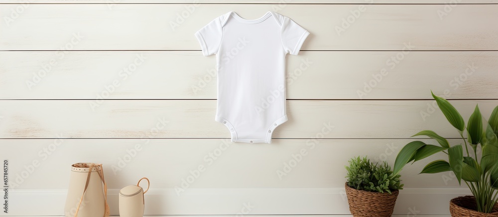 Mockup of a white baby bodysuit for showcasing adorable sublimation designs captured in a minimalistic Scandinavian interior with simple decoration